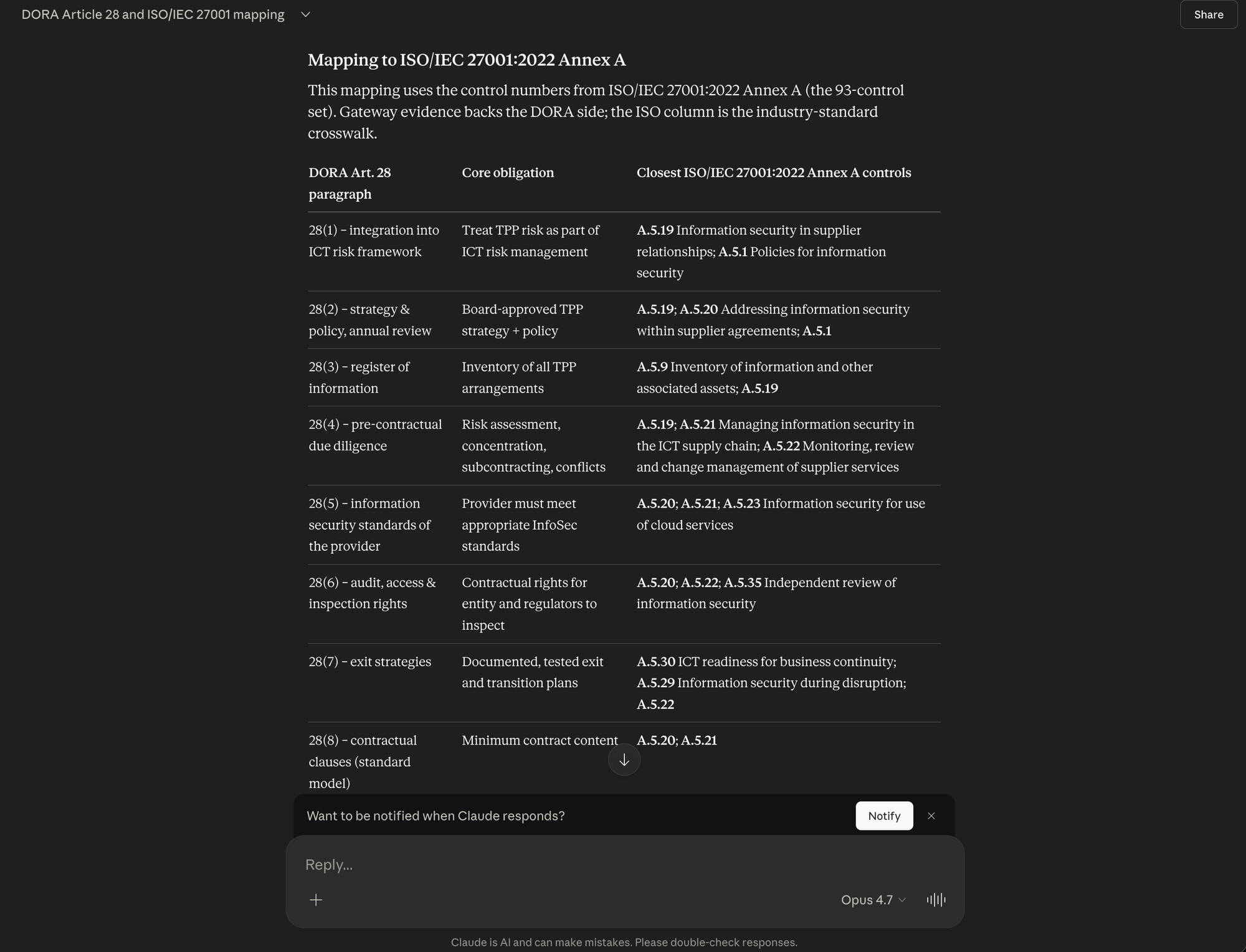 Claude, connected to the Ansvar Gateway, answering a DORA Article 28 question with a structured mapping to ISO/IEC 27001:2022 Annex A controls — DORA paragraph on the left, core obligation in the middle, ISO controls cited on the right.