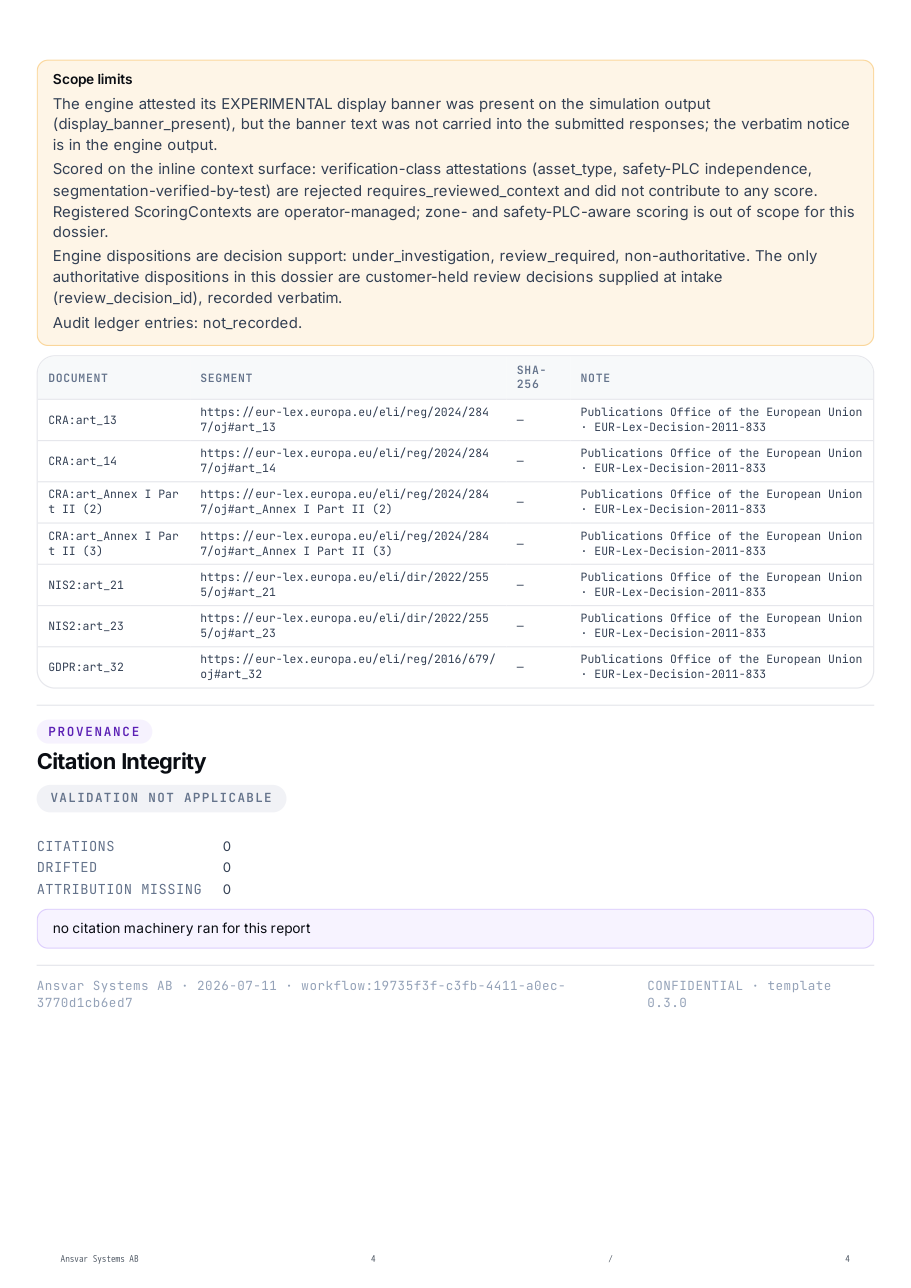 Dossier page 4 — scope limits, evidence register, citation integrity